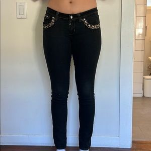 Cheetah and Rhinestone Detailed Skinny Jeans